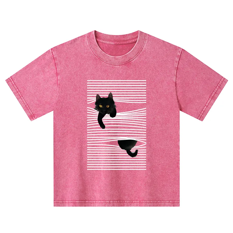 Tokyo-Tiger Cat Scratching Curtain Kids Washed T-Shirt
