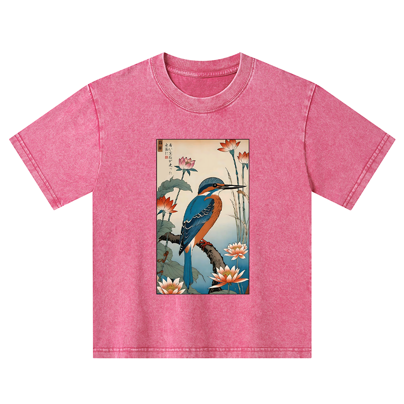 Tokyo-Tiger Ukiyo-e Kingfisher Kids Washed T-Shirt