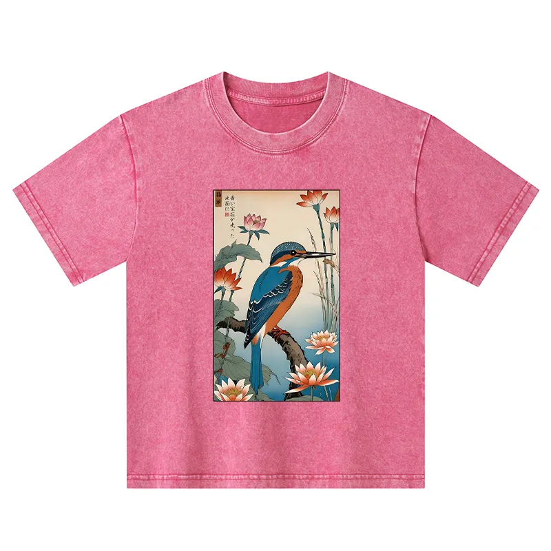 Tokyo-Tiger Ukiyo-e Kingfisher Kids Washed T-Shirt