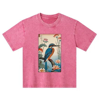 Tokyo-Tiger Ukiyo-e Kingfisher Kids Washed T-Shirt