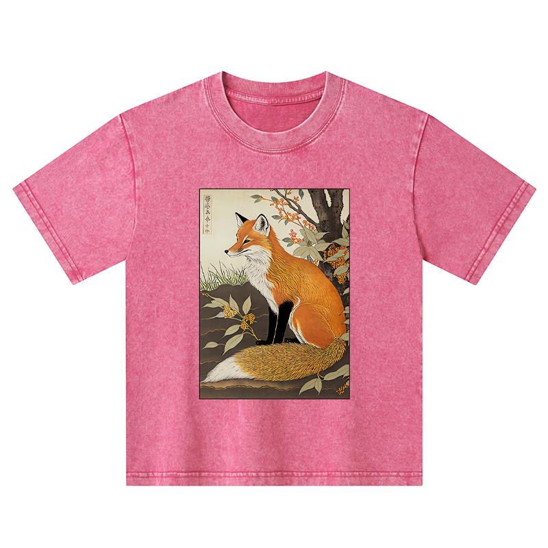 Tokyo-Tiger Ukiyo-e Fox Kids Washed T-Shirt
