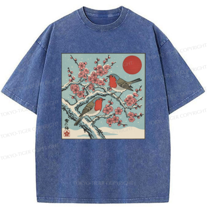 Tokyo-Tiger Winter Blossoms And Feathered Melodies Washed T-Shirt