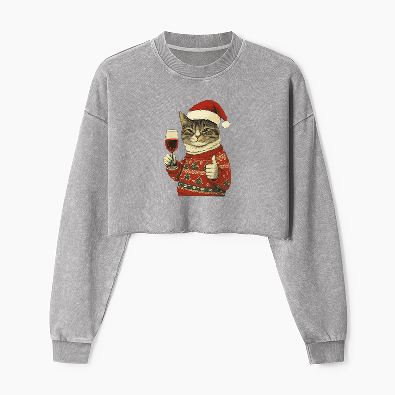 Tokyo-Tiger Christmas Cat Likes Washed Crop Sweatshirt