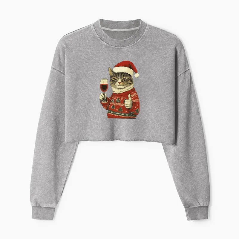 Tokyo-Tiger Christmas Cat Likes Washed Crop Sweatshirt