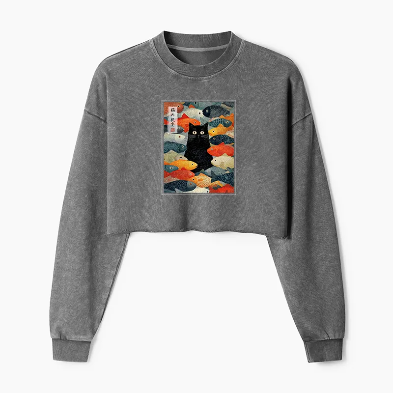 Tokyo-Tiger The Cat's Feast of Fish Washed Crop Sweatshirt