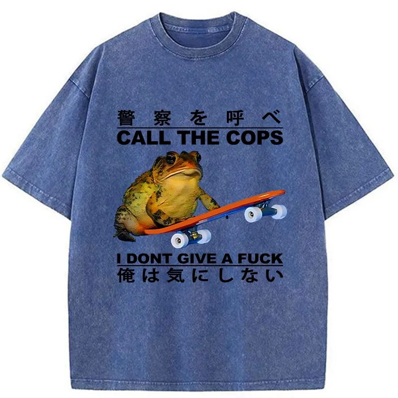 Tokyo-Tiger Funny Frog On Skateboard Washed T-Shirt