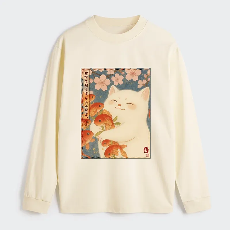 Tokyo-Tiger Funny Ukiyoe Cat and Fish Flower Classic Long Sleeve T-Shirt