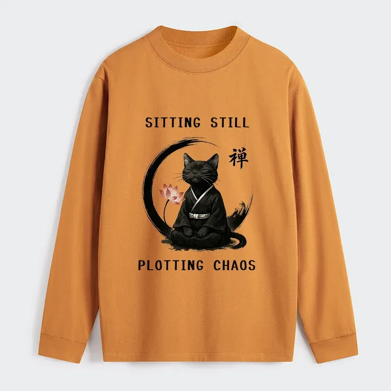 Tokyo-Tiger Sitting Still  Plotting Chaos Calming Zen Cat Funny Classic Long Sleeve T-Shirt