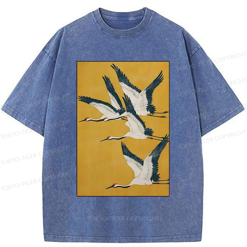 Tokyo-Tiger Vintage Cranes Painting Washed T-Shirt