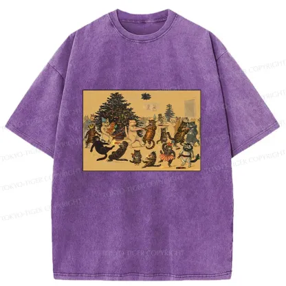 Tokyo-Tiger Christmas Cat Party Washed T-Shirt