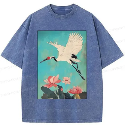 Tokyo-Tiger Crane And Lotus Japan Washed T-Shirt