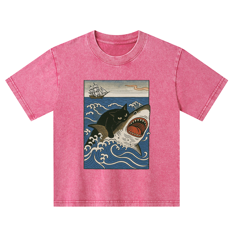 Tokyo-Tiger Cat Hunting Shark Kids Washed T-Shirt