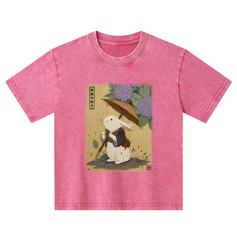 Tokyo-Tiger Ukiyoe Rainy Stroll Bunny Kids Washed T-Shirt