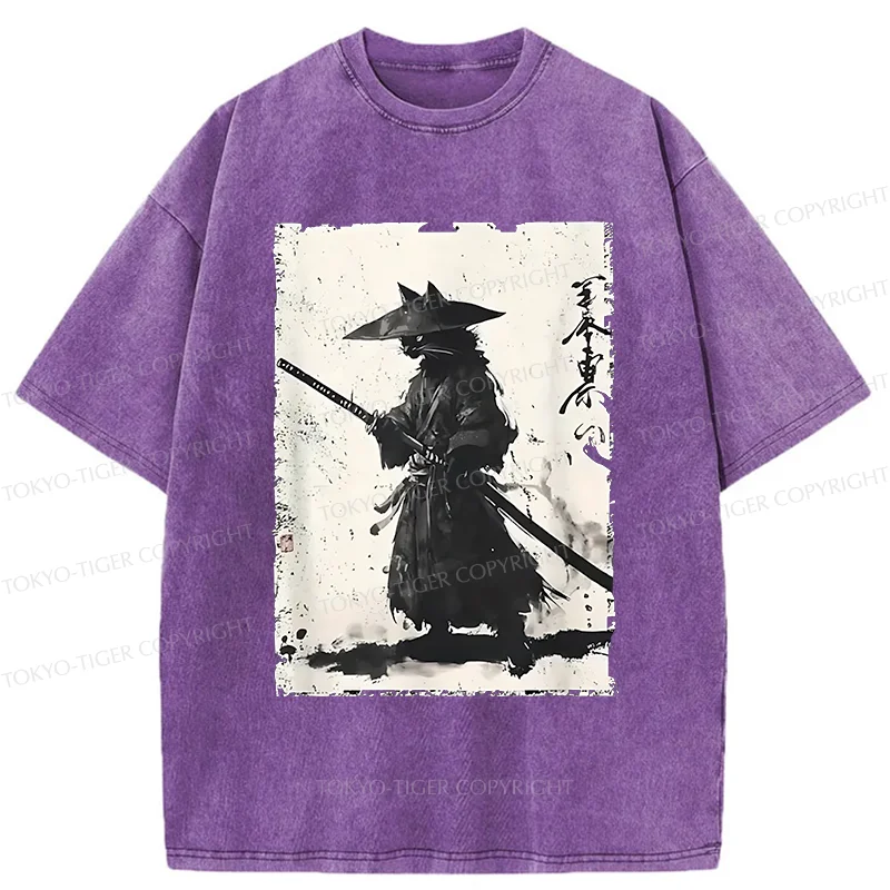 Tokyo-Tiger Handsome Cat Japanese Samurai Washed T-Shirt