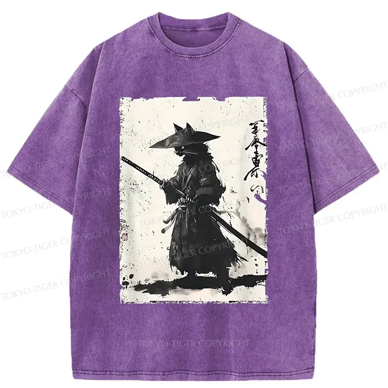 Tokyo-Tiger Handsome Cat Japanese Samurai Washed T-Shirt