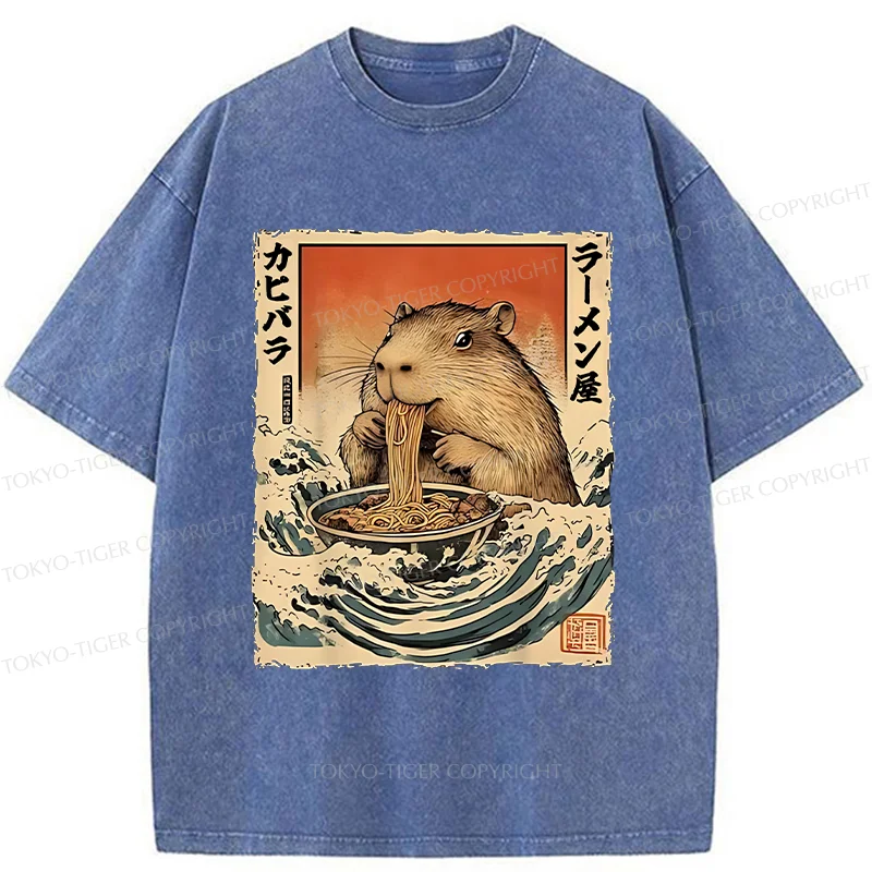 Tokyo-Tiger Hamster Eating Ramen Washed T-Shirt