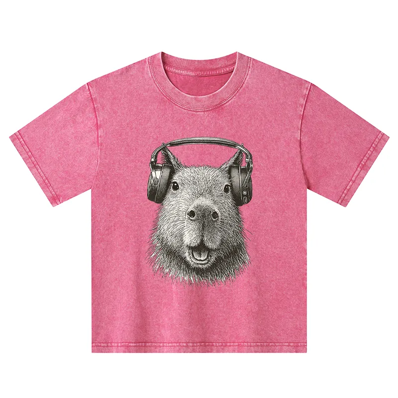 Tokyo-Tiger Capybara Listening To Music Kids Washed T-Shirt