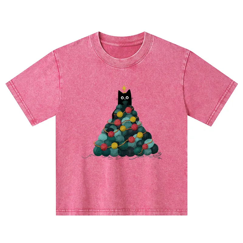 Tokyo-Tiger Yarn Christmas Tree Cat Kids Washed T-Shirt