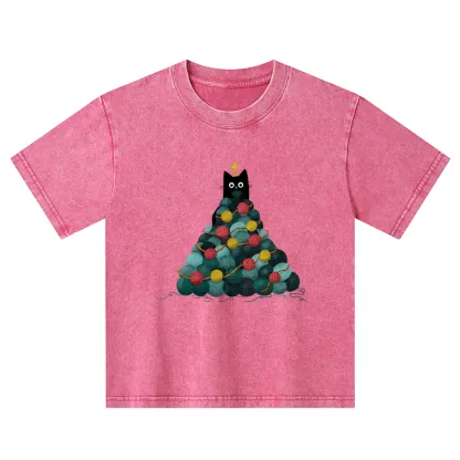 Tokyo-Tiger Yarn Christmas Tree Cat Kids Washed T-Shirt
