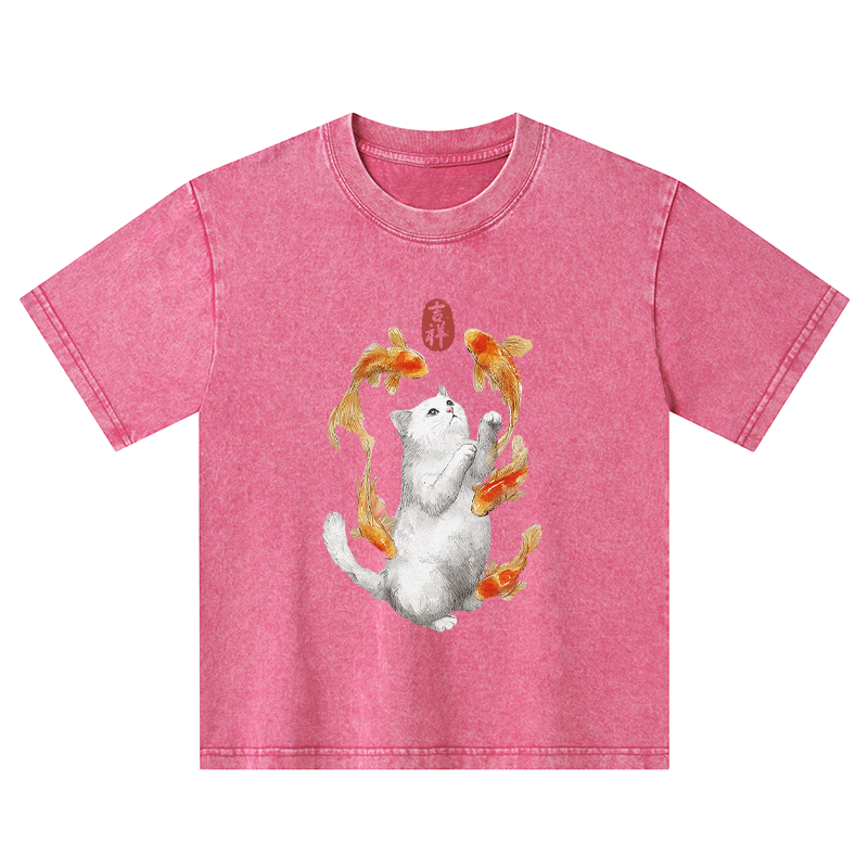 Tokyo-Tiger Zen Cat And The Dancing Fish Kids Washed T-Shirt