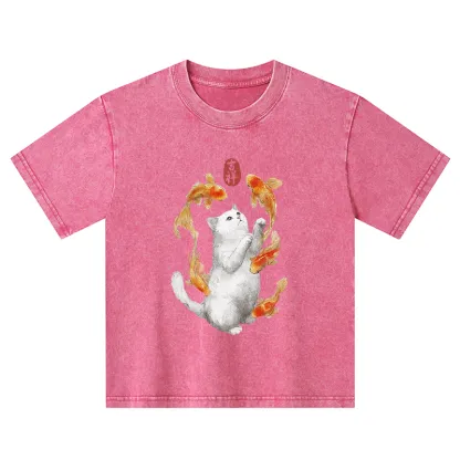 Tokyo-Tiger Zen Cat And The Dancing Fish Kids Washed T-Shirt