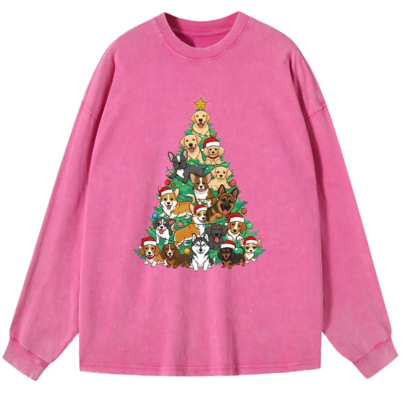Tokyo-Tiger Christmas Tree Dog Funny Washed Long Sleeve T-Shirt