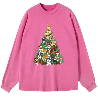 Tokyo-Tiger Christmas Tree Dog Funny Washed Long Sleeve T-Shirt