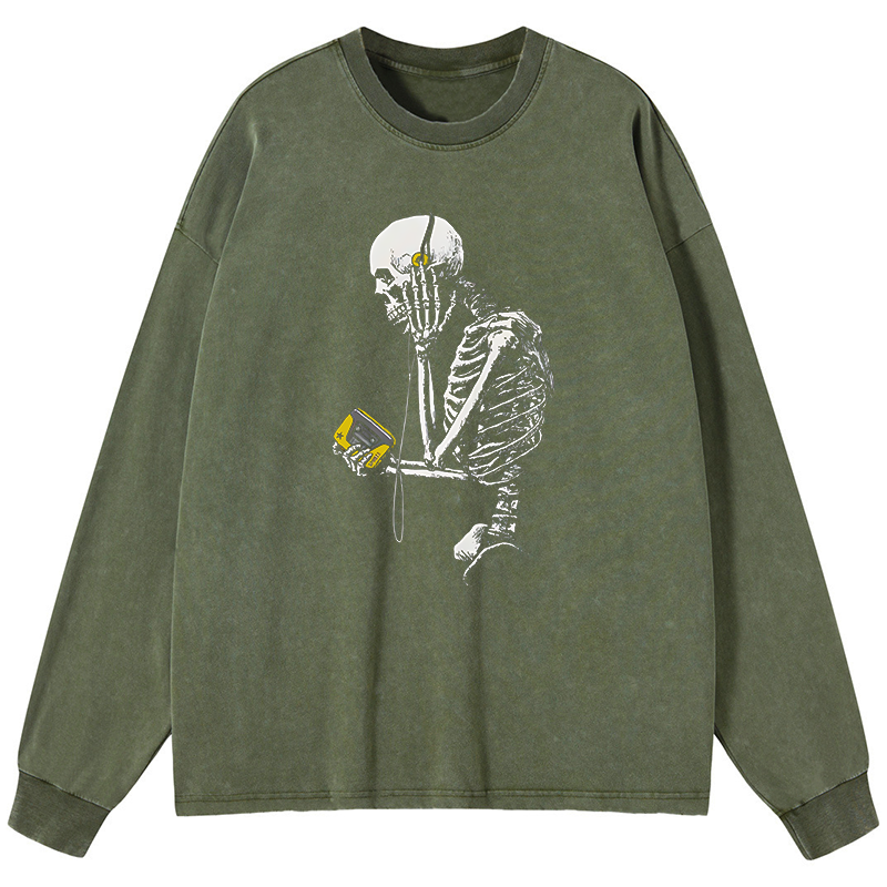 Tokyo-Tiger Skeleton Listening To Music Washed Long Sleeve T-Shirt