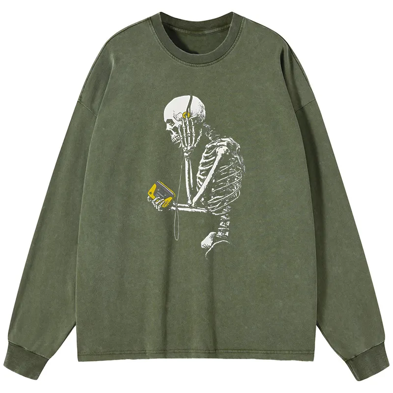 Tokyo-Tiger Skeleton Listening To Music Washed Long Sleeve T-Shirt