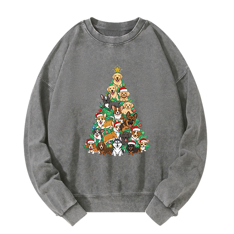Tokyo-Tiger Christmas Tree Dog Funny Washed Sweatshirt