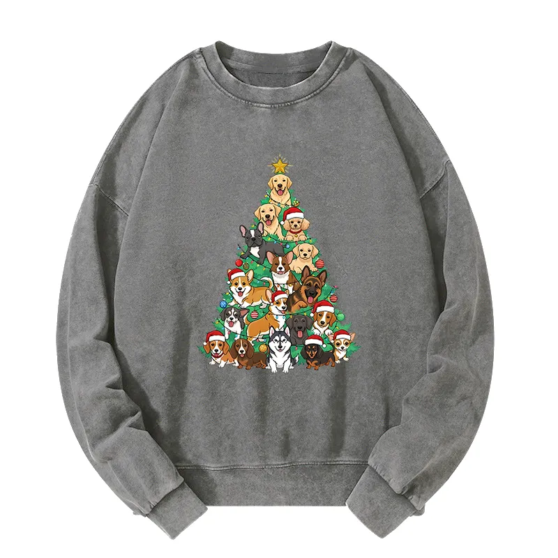 Tokyo-Tiger Christmas Tree Dog Funny Washed Sweatshirt