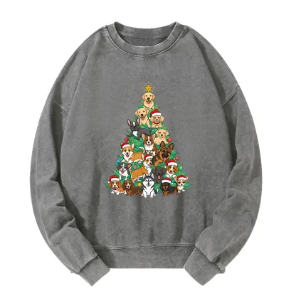 Tokyo-Tiger Christmas Tree Dog Funny Washed Sweatshirt
