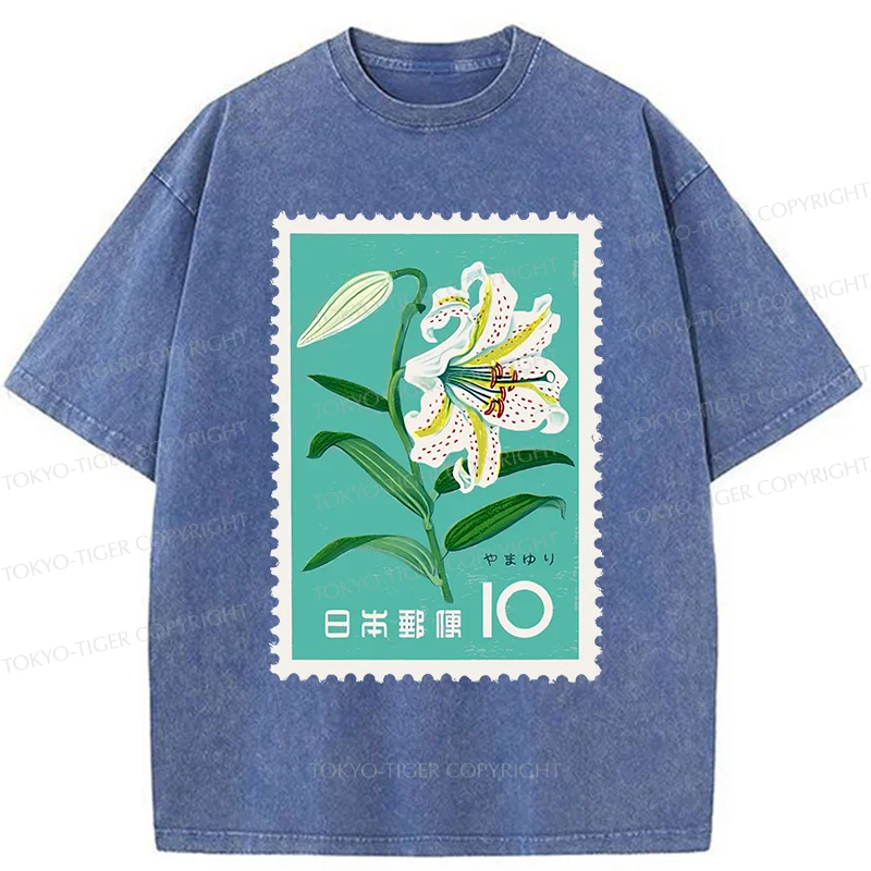 Tokyo-Tiger Japanese Stamps Washed T-Shirt