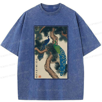 Tokyo-Tiger Peacocks in Snowy Pines Washed T-Shirt