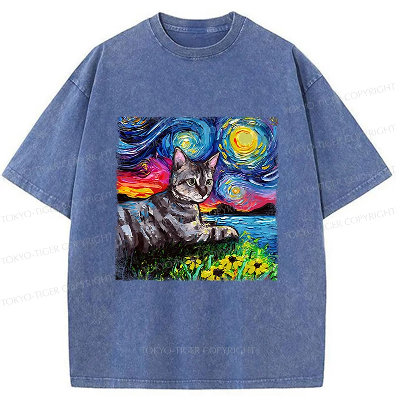 Tokyo-Tiger Cat Under The Starry Night Funny Washed T-Shirt