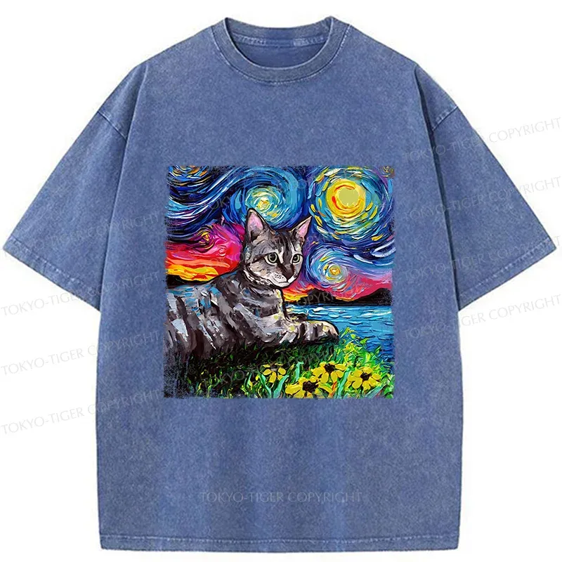 Tokyo-Tiger Cat Under The Starry Night Funny Washed T-Shirt Sale