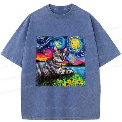 Tokyo-Tiger Cat Under The Starry Night Funny Washed T-Shirt