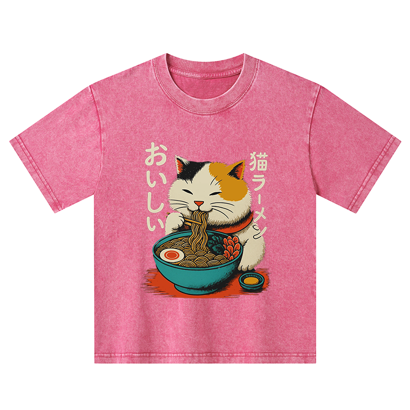 Tokyo-Tiger Cute Eat Eating Japanese Ramen Kids Washed T-Shirt