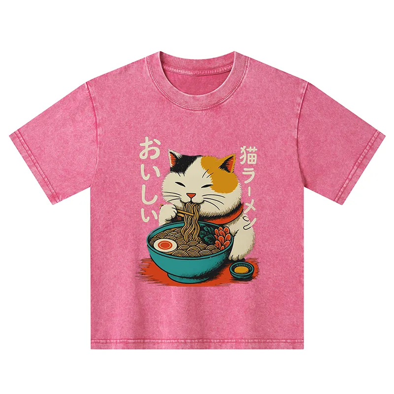 Tokyo-Tiger Cute Eat Eating Japanese Ramen Kids Washed T-Shirt