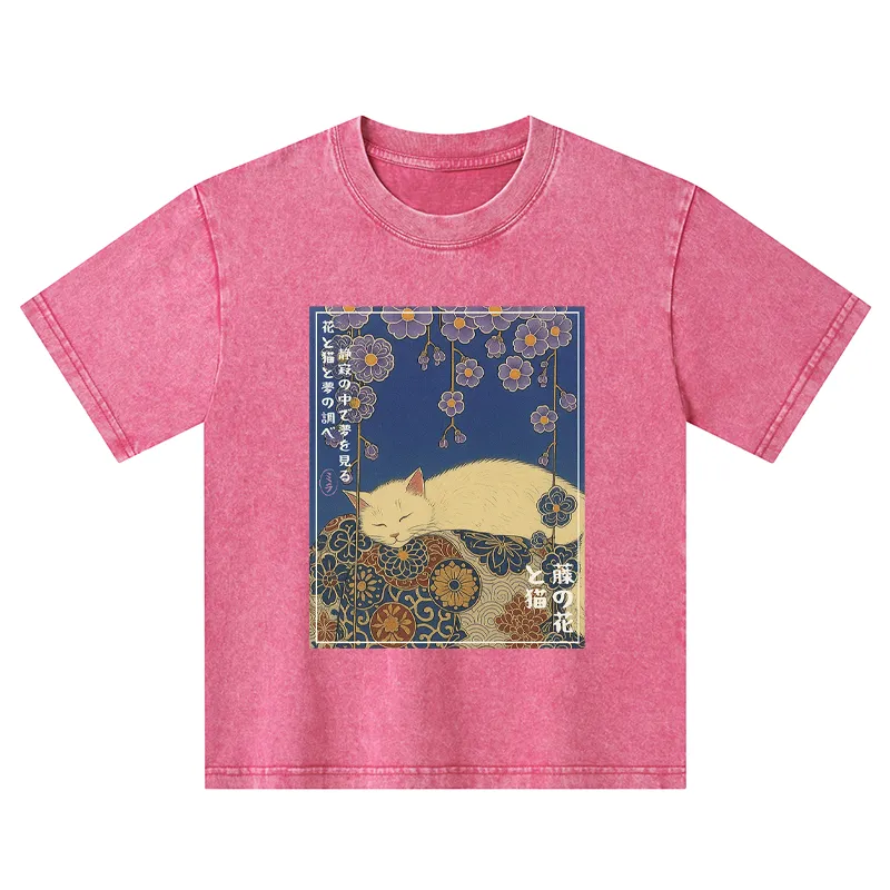 Tokyo-Tiger Ukiyoe Wisteria Flowers And Cats Kids Washed T-Shirt