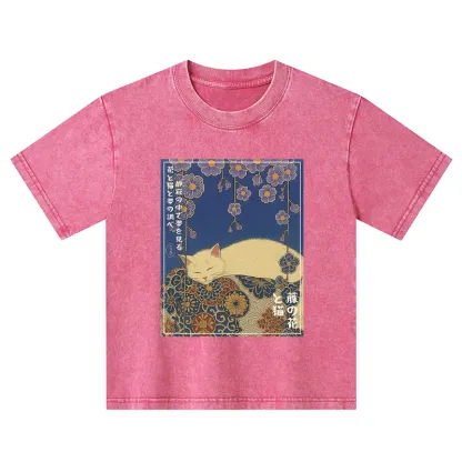 Tokyo-Tiger Ukiyoe Wisteria Flowers And Cats Kids Washed T-Shirt