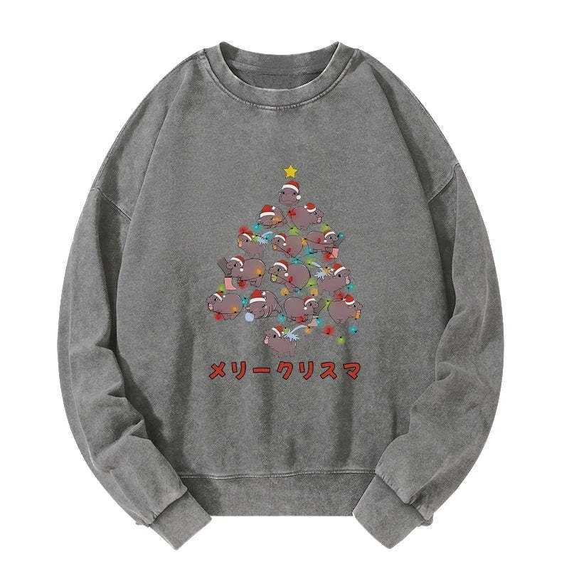 Tokyo-Tiger Moo Deng Christmas Tree Japanese Washed Sweatshirt