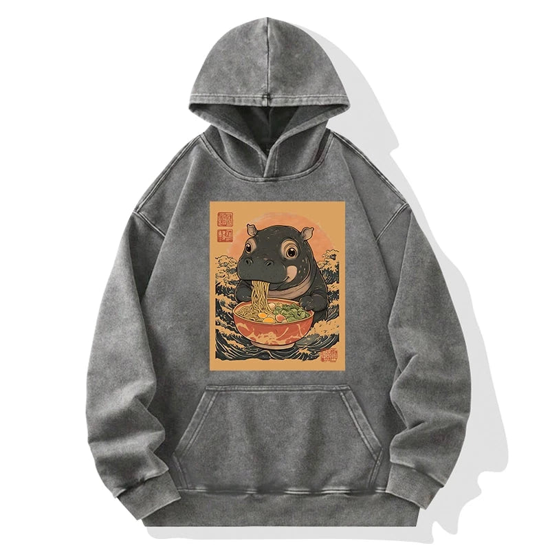 Tokyo-Tiger Moo Deng Eat Ramen Washed Hoodie