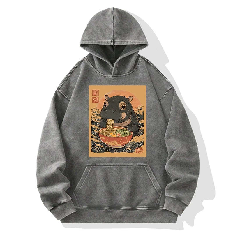 Tokyo-Tiger Moo Deng Eat Ramen Washed Hoodie