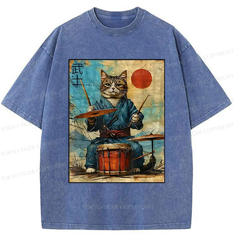 Tokyo-Tiger Cat Playing Drums Washed T-Shirt