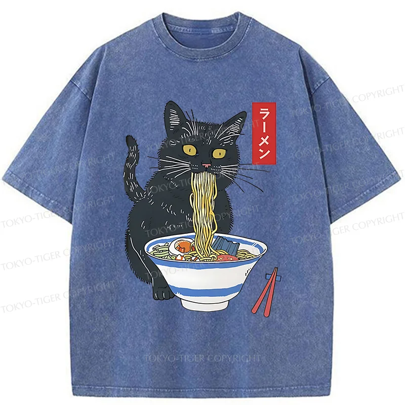 Tokyo-Tiger Black Cat Eats Delicious Ramen Washed T-Shirt