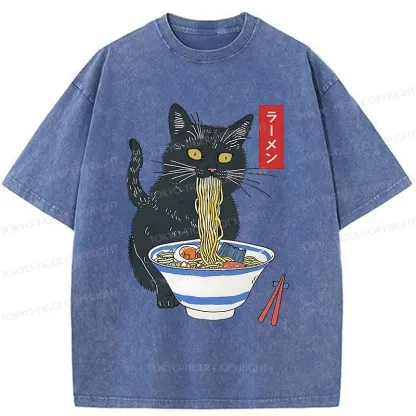 Tokyo-Tiger Black Cat Eats Delicious Ramen Washed T-Shirt