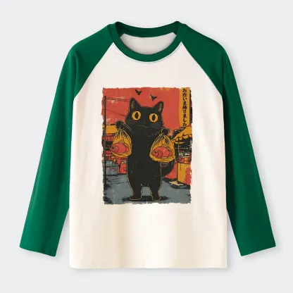 Tokyo-Tiger Cat Fishing Japanese Raglan Long Sleeve T-shirt