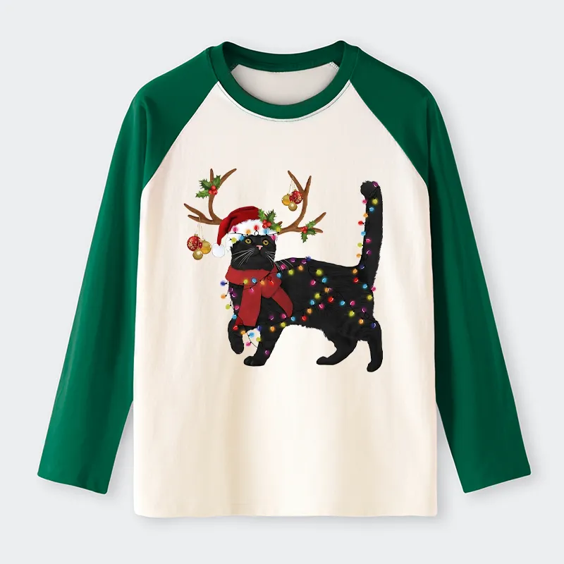 Tokyo-Tiger Christmas Black Cat Raglan Long Sleeve T-shirt