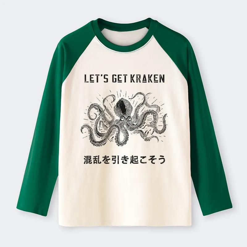 Tokyo-Tiger Funny Octopus：Let’s Get Kraken Raglan Long Sleeve T-shirt